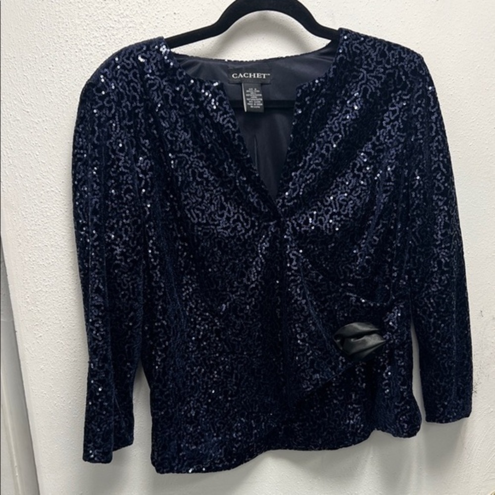 Cachet Sequin Ruched Blue 3/4 Sleeve Blouse
